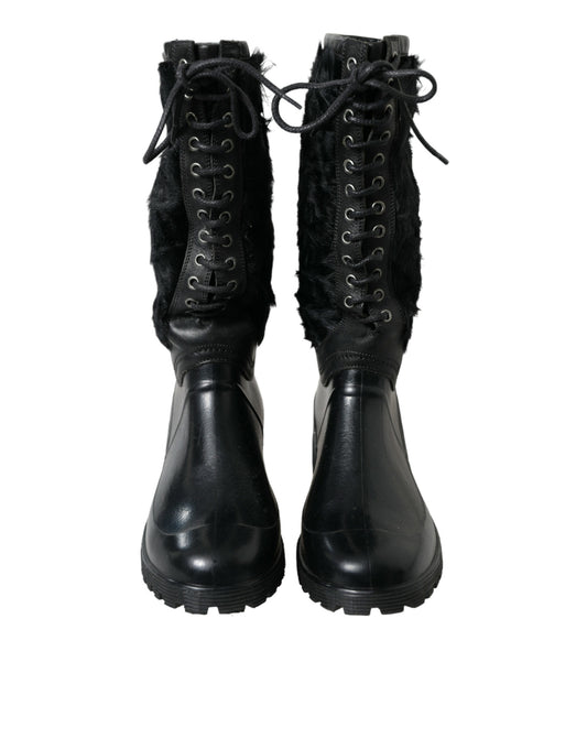 Black Rubber Lace Up Shearling Rain Boots Shoes-Dolce & Gabbana-LabelTerrace.com