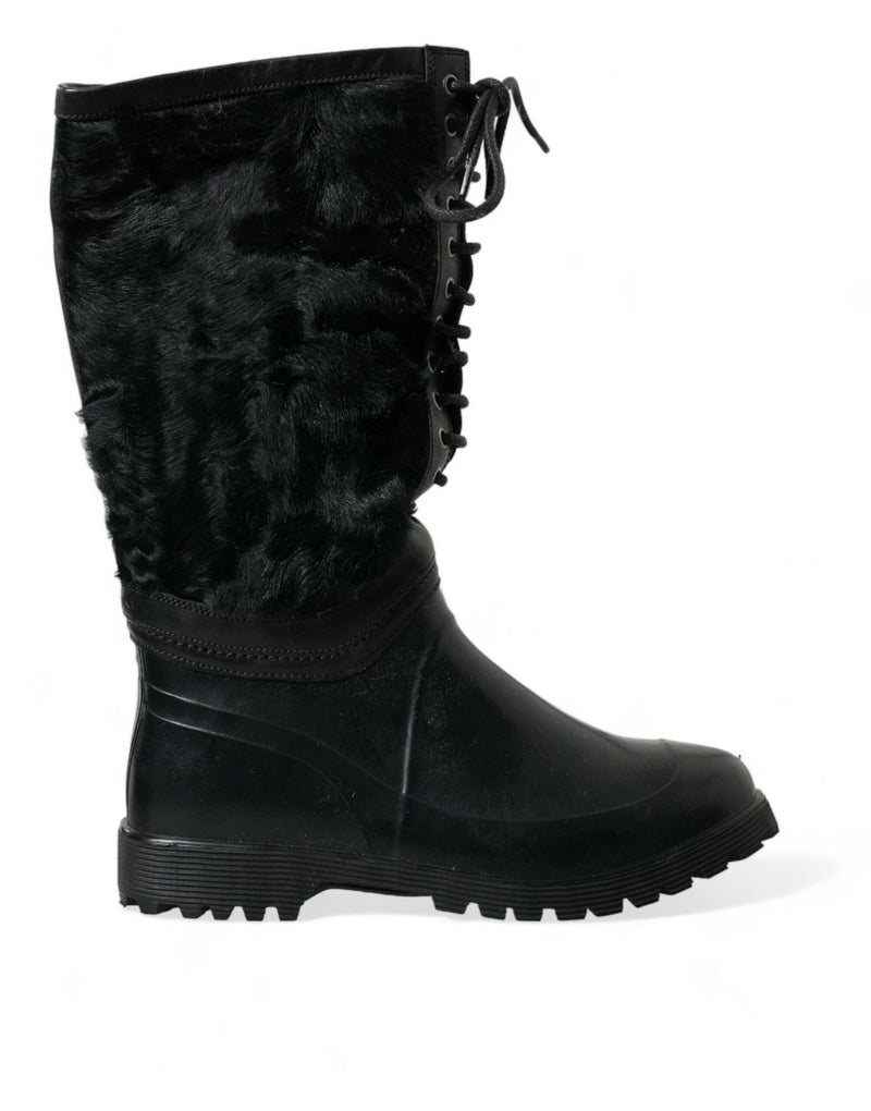 Black Rubber Lace Up Shearling Rain Boots Shoes-Dolce & Gabbana-LabelTerrace.com