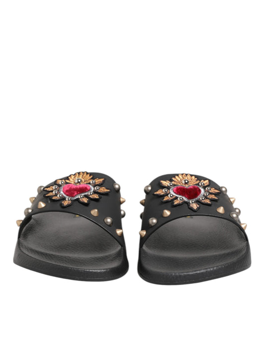 Black Rubber Sacred Heart Slides Men Beachwear Shoes-Dolce & Gabbana-LabelTerrace.com