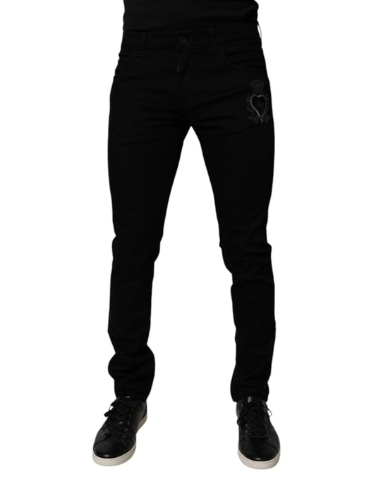Black Sacred Heart Cotton Skinny Denim Jeans-Dolce & Gabbana-LabelTerrace.com