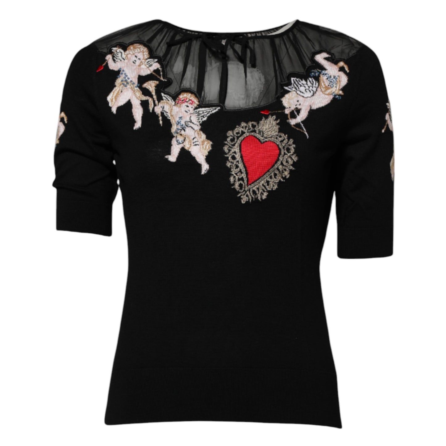 Black Sacred Heart Embroidered Crewneck Top-Dolce & Gabbana-LabelTerrace.com