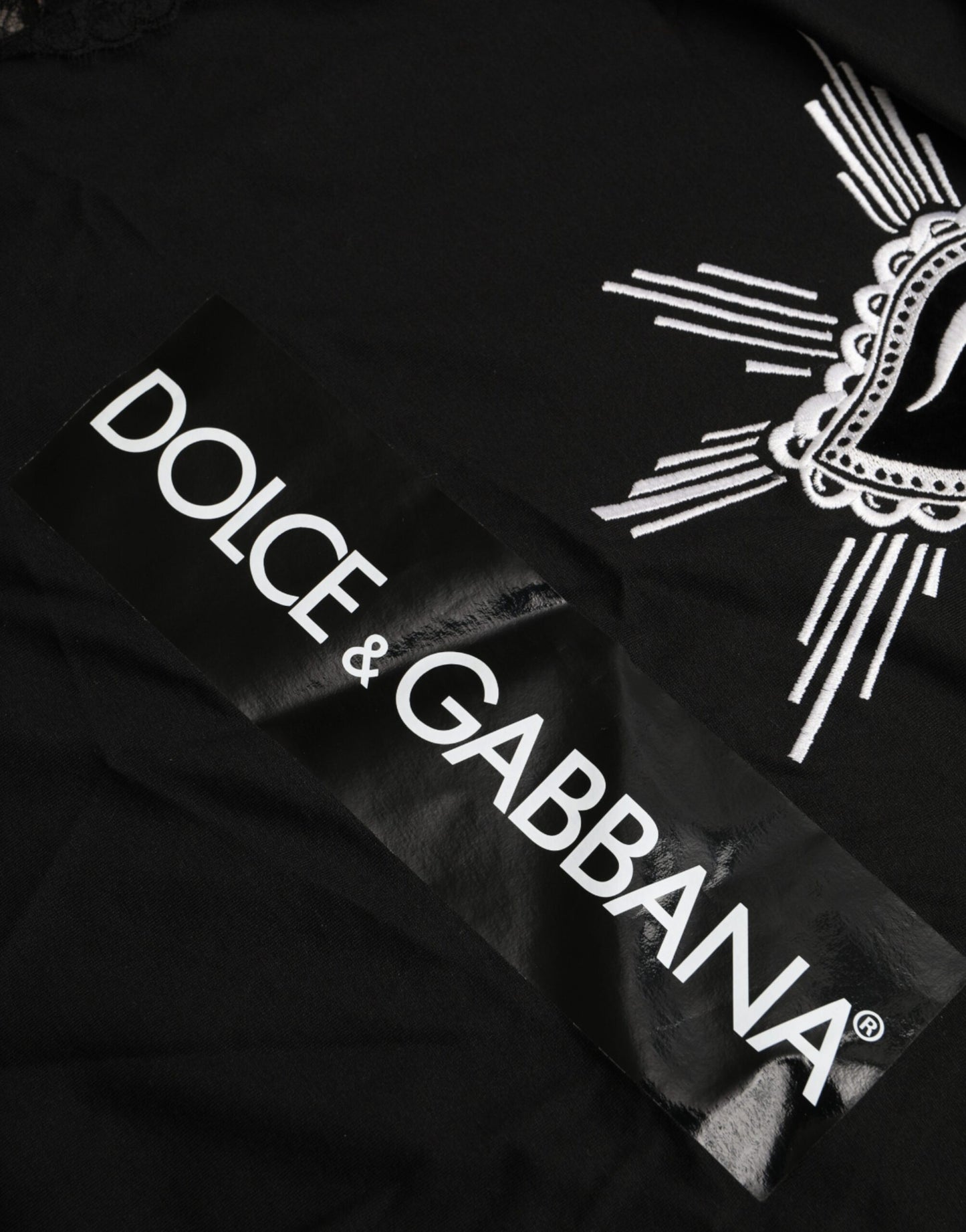 Black Sacred Heart Print Cotton Lace T-shirt-Dolce & Gabbana-LabelTerrace.com