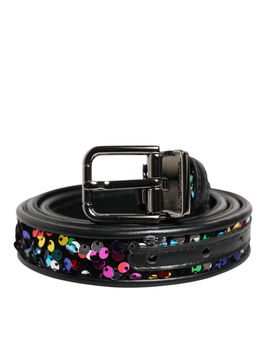 Black Sequin Embellished Metal Buckle Belt-Dolce & Gabbana-LabelTerrace.com