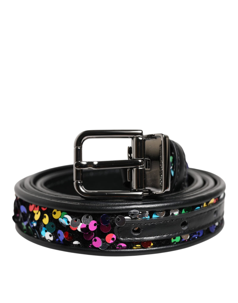 Black Sequin Embellished Metal Buckle Belt-Dolce & Gabbana-LabelTerrace.com