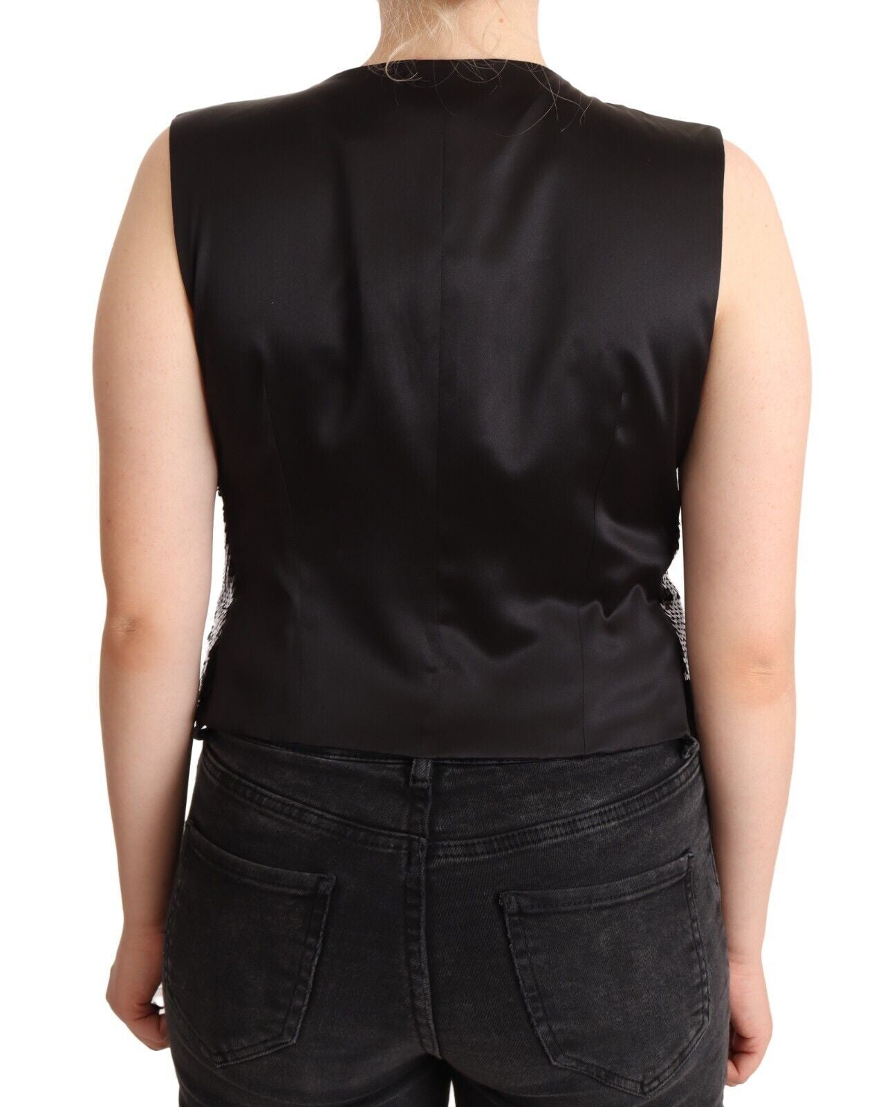Black Sequin V-Neck Sleeveless Vest Tank Top-Dolce & Gabbana-LabelTerrace.com