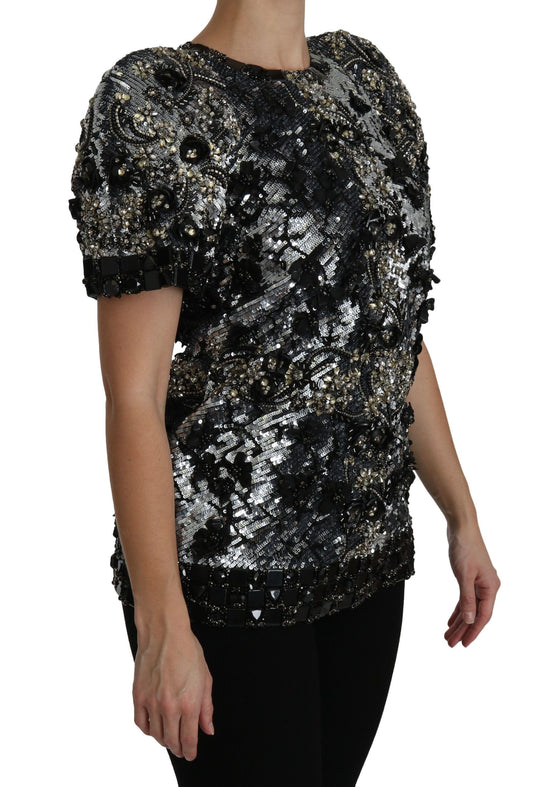 Black Sequined Crystal Embellished Top Blouse-Dolce & Gabbana-LabelTerrace.com