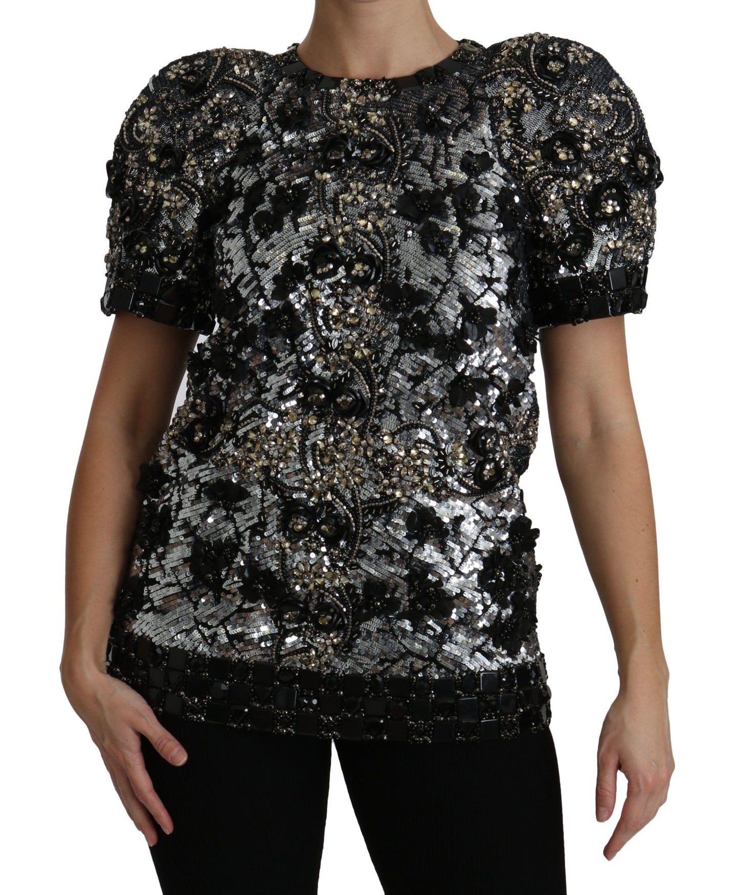 Black Sequined Crystal Embellished Top Blouse-Dolce & Gabbana-LabelTerrace.com