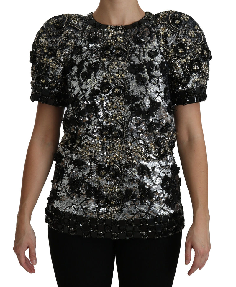 Black Sequined Crystal Embellished Top Blouse-Dolce & Gabbana-LabelTerrace.com