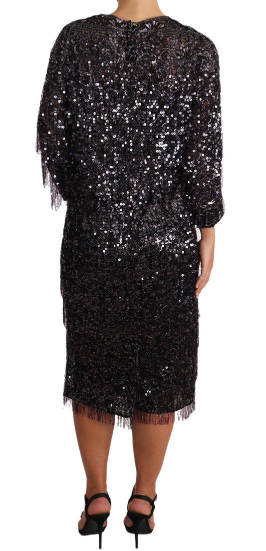 Black Sequined Long Sleeve Shift Midi Dress-Dolce & Gabbana-LabelTerrace.com
