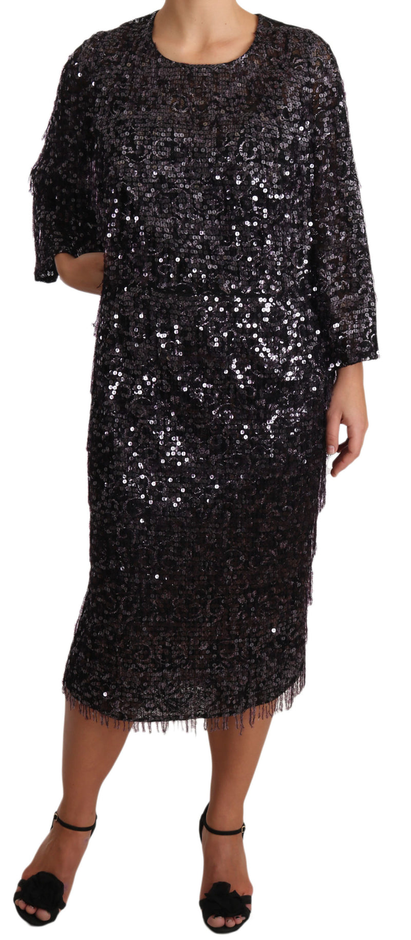 Black Sequined Long Sleeve Shift Midi Dress-Dolce & Gabbana-LabelTerrace.com