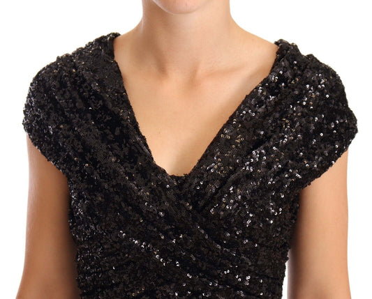 Black Sequined Open Shoulder Long Gown Dress-Dolce & Gabbana-LabelTerrace.com