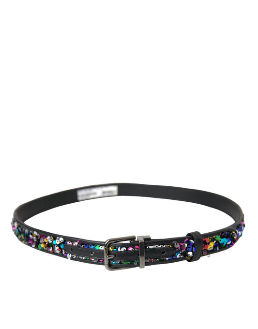 Black Sequined Silver Metal Buckle Women Belt-Dolce & Gabbana-LabelTerrace.com