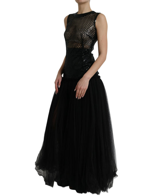 Black Sequined Sleeveless Mesh Layered Gown Dress-Dolce & Gabbana-LabelTerrace.com