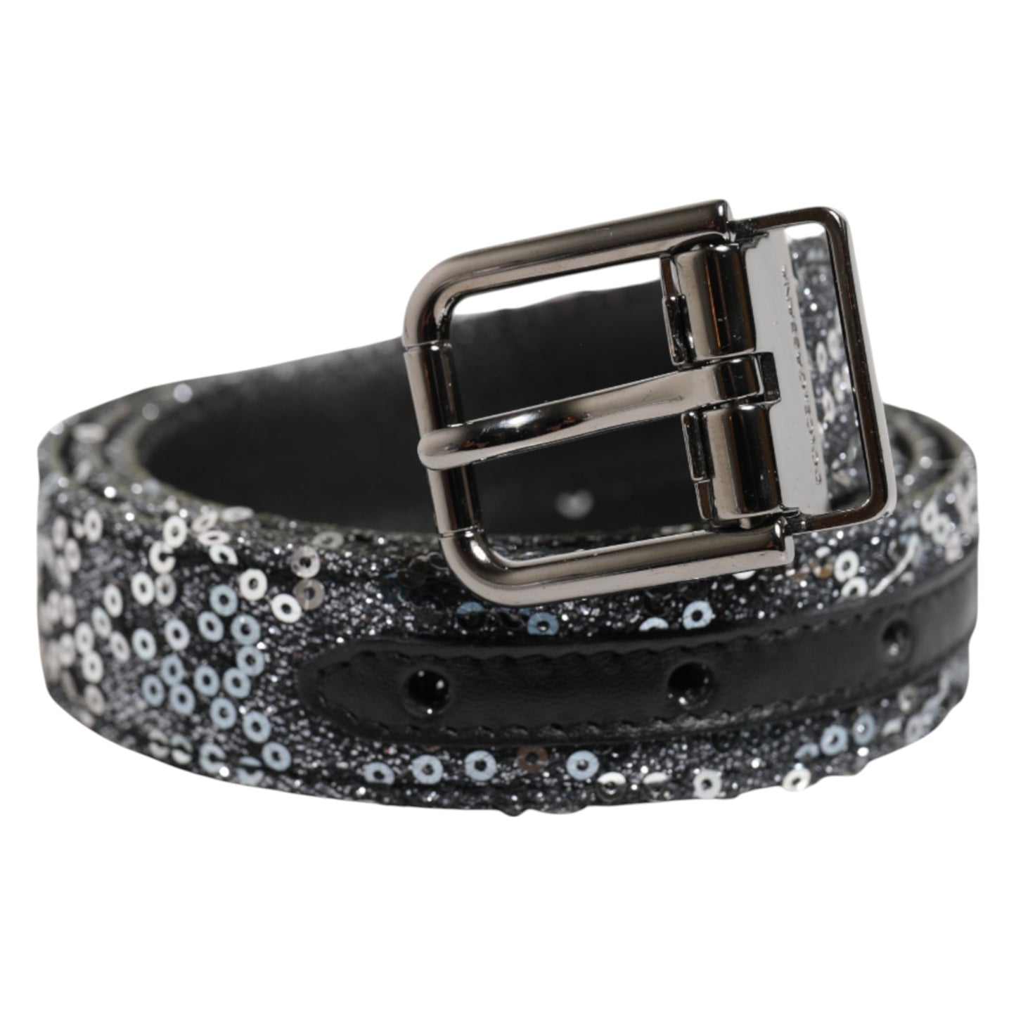 Black Sequins Silver Metal Logo Buckle Belt-Dolce & Gabbana-LabelTerrace.com