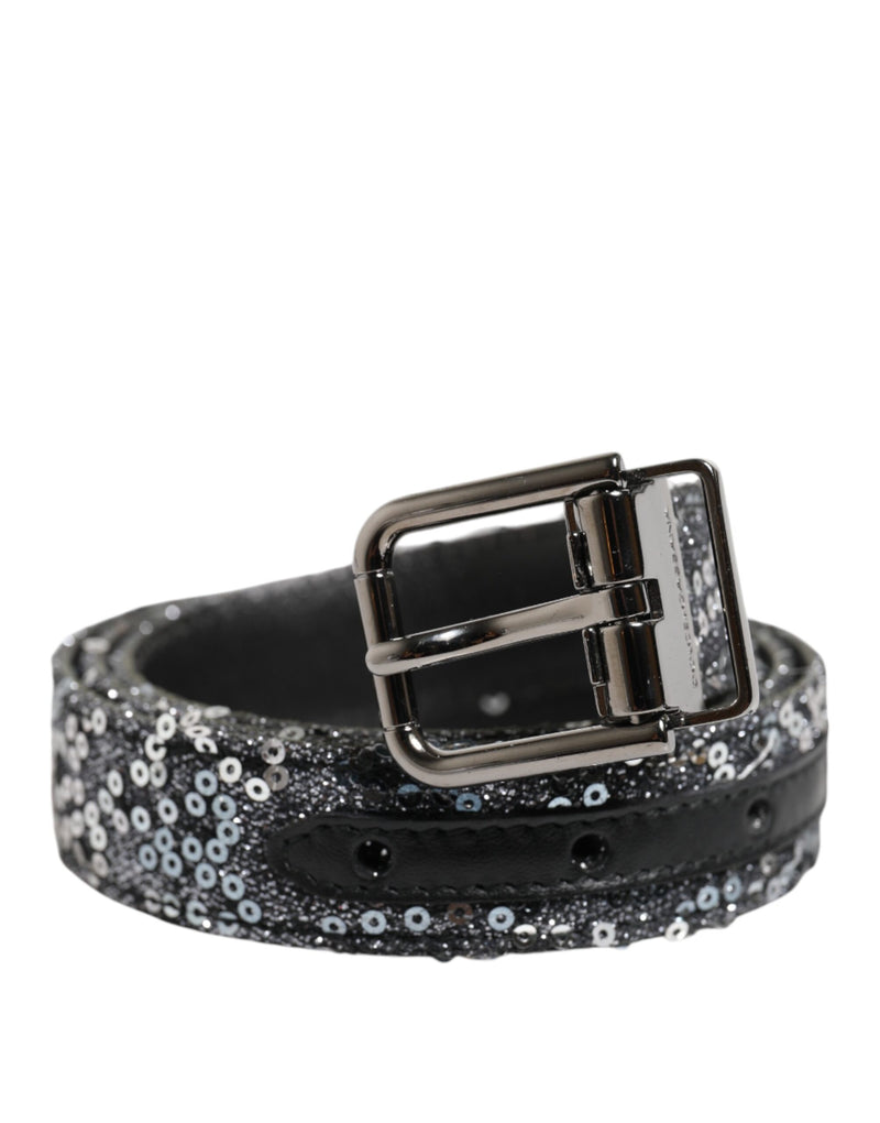 Black Sequins Silver Metal Logo Buckle Belt-Dolce & Gabbana-LabelTerrace.com