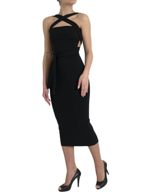 Black Sheath Halter Sleeveless Midi Dress-Dolce & Gabbana-LabelTerrace.com