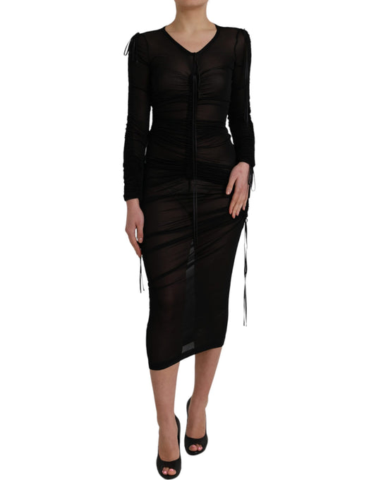 Black Sheer Bodycon Sheath Midi Dress-Dolce & Gabbana-LabelTerrace.com