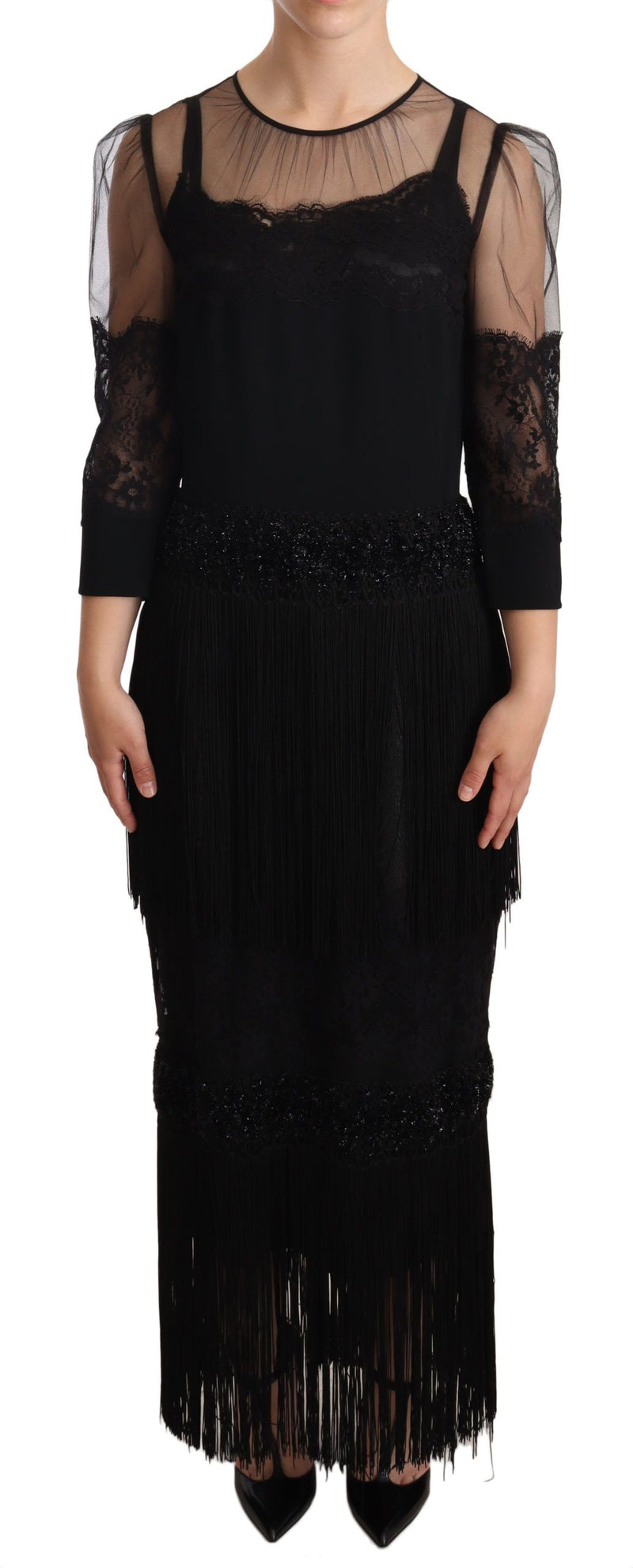 Black Sheer Floral Lace Crystal Maxi Dress-Dolce & Gabbana-LabelTerrace.com