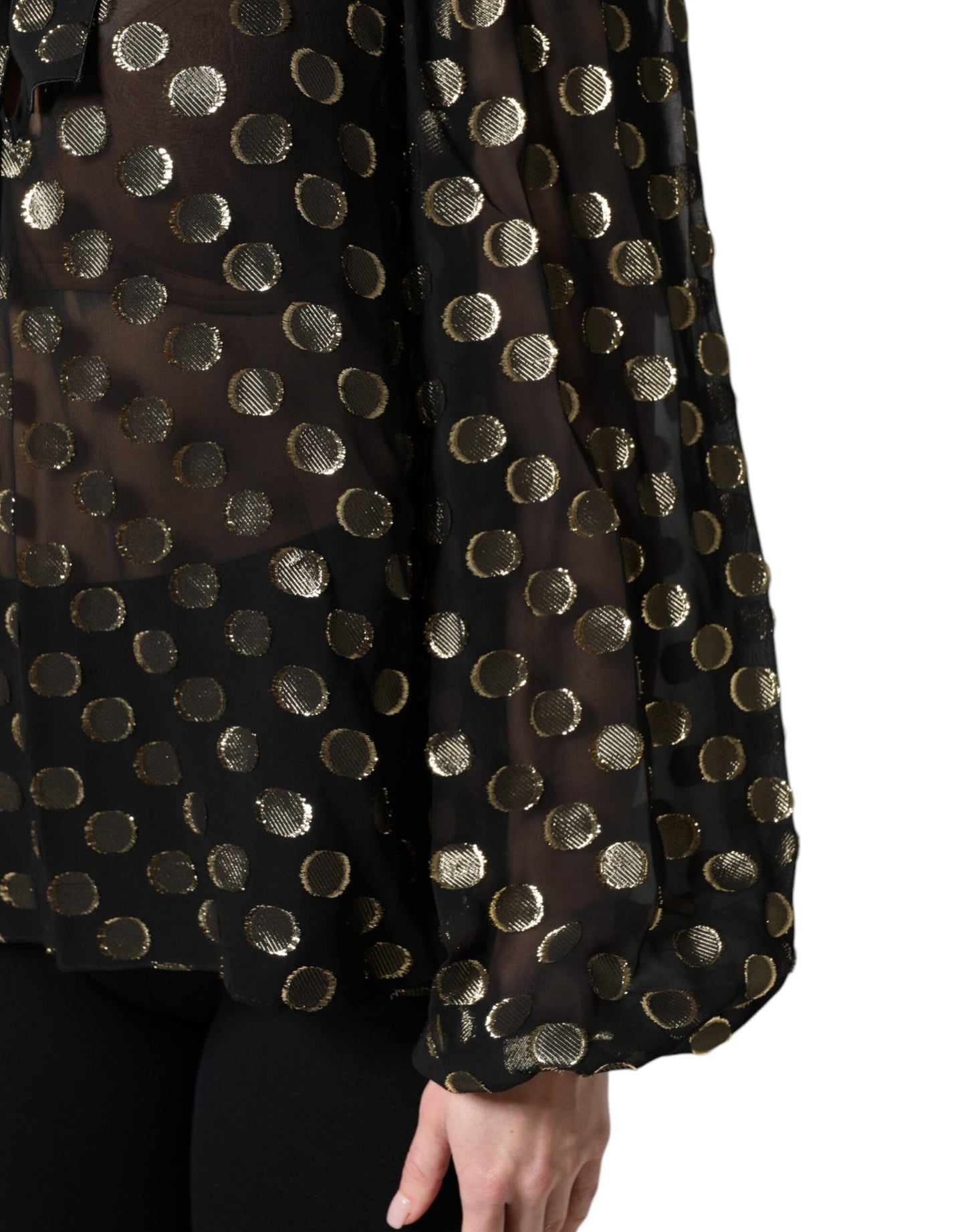 Black Sheer Tied Neck Polka Dots Blouse Top-Dolce & Gabbana-LabelTerrace.com