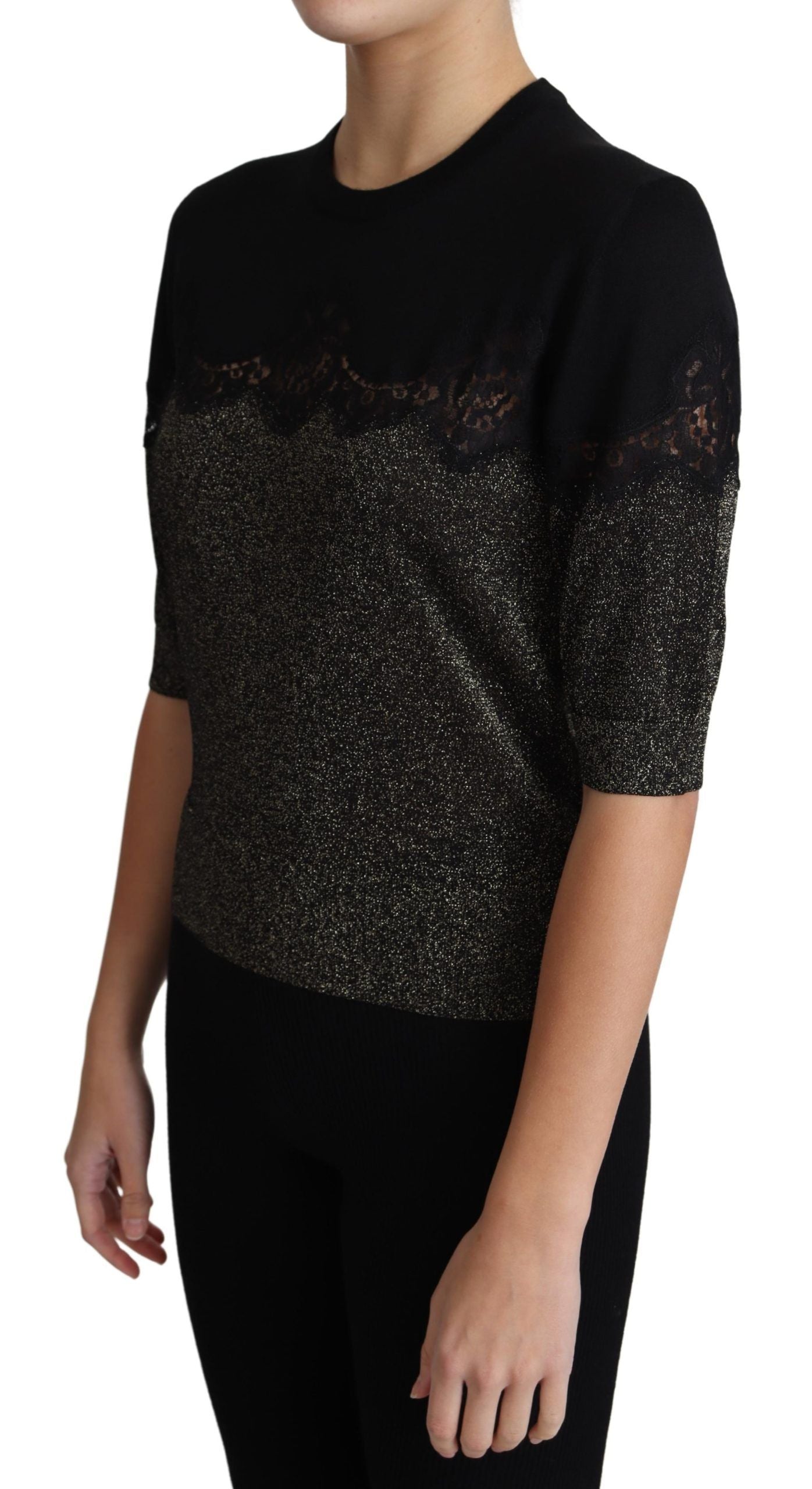 Black Shiny Lurex Lace Insert Pullover Top-Dolce & Gabbana-LabelTerrace.com