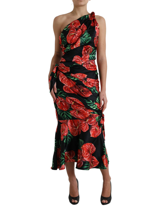 Black Shiny Silk Floral Print Draped Dress-Dolce & Gabbana-LabelTerrace.com