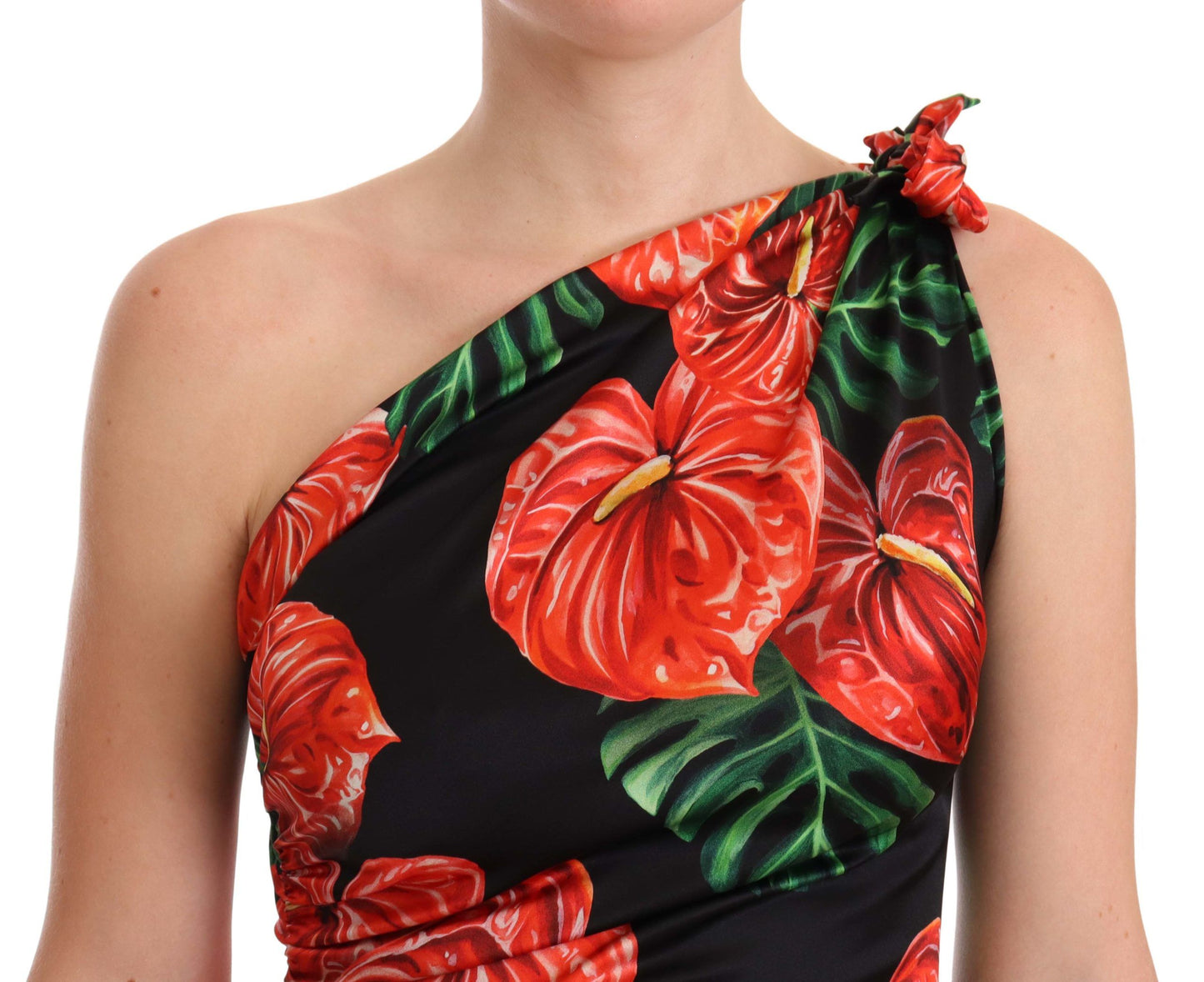 Black Shiny Silk Floral Print Draped Dress-Dolce & Gabbana-LabelTerrace.com