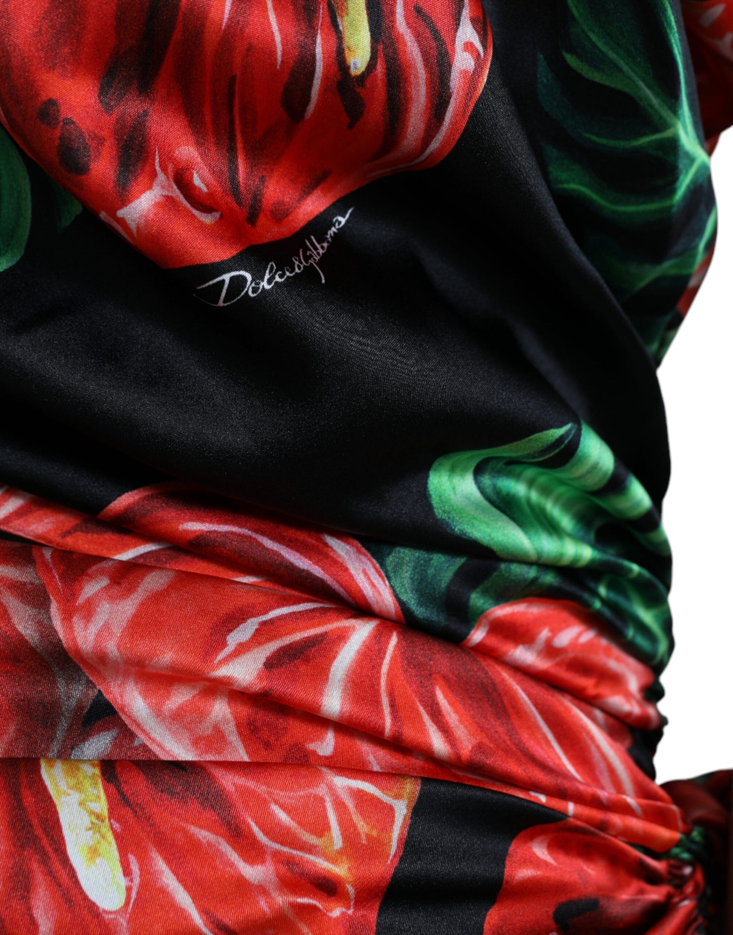 Black Shiny Silk Floral Print Draped Dress-Dolce & Gabbana-LabelTerrace.com