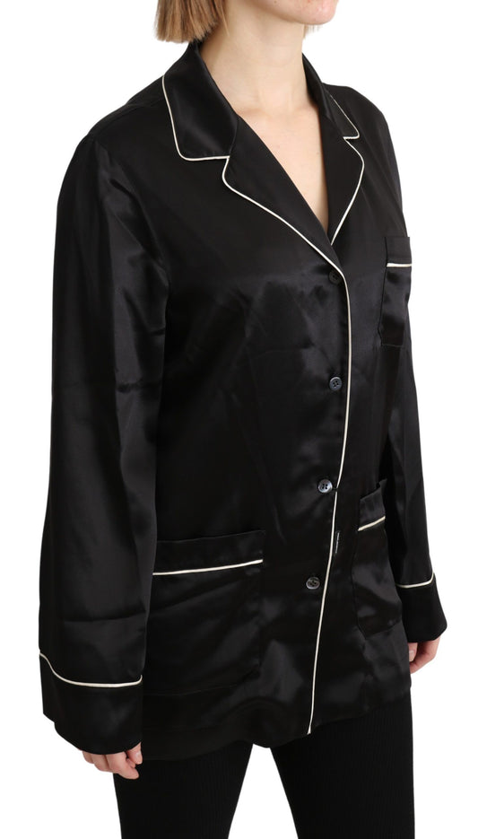 Black Shirt Silk Stretch Top Blouse-Dolce & Gabbana-LabelTerrace.com