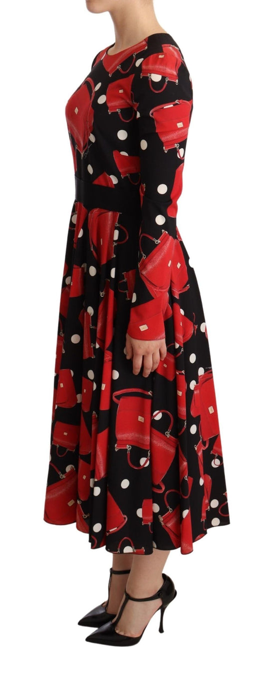 Black Sicily Bag Print Flared Midi Dress-Dolce & Gabbana-LabelTerrace.com