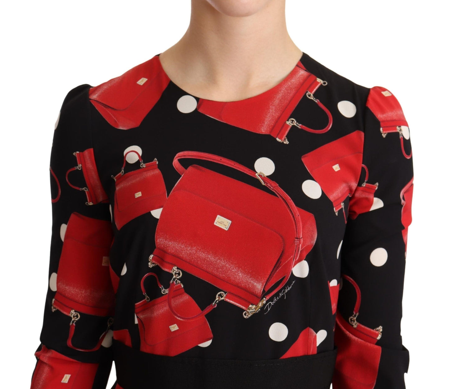 Black Sicily Bag Print Flared Midi Dress-Dolce & Gabbana-LabelTerrace.com