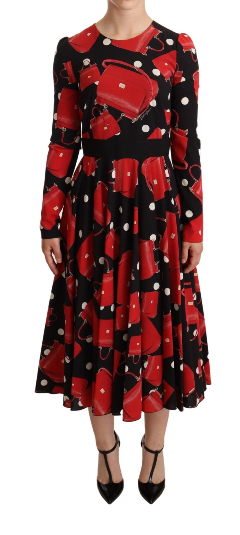 Black Sicily Bag Print Flared Midi Dress-Dolce & Gabbana-LabelTerrace.com