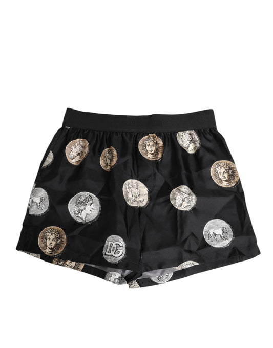 Black Silk Ancient Coin Print Boxer Short Swimwear-Dolce & Gabbana-LabelTerrace.com