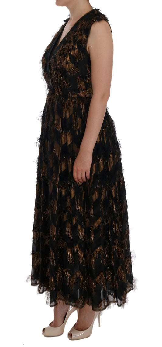 Black Silk Brown Fringes A-Line Dress-Dolce & Gabbana-LabelTerrace.com
