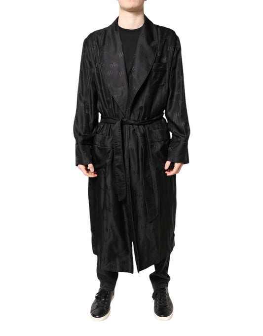 Black Silk DG Logo Men Wrap Robe Coat Jacket-Dolce & Gabbana-LabelTerrace.com