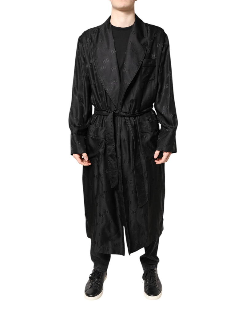 Black Silk DG Logo Men Wrap Robe Coat Jacket-Dolce & Gabbana-LabelTerrace.com