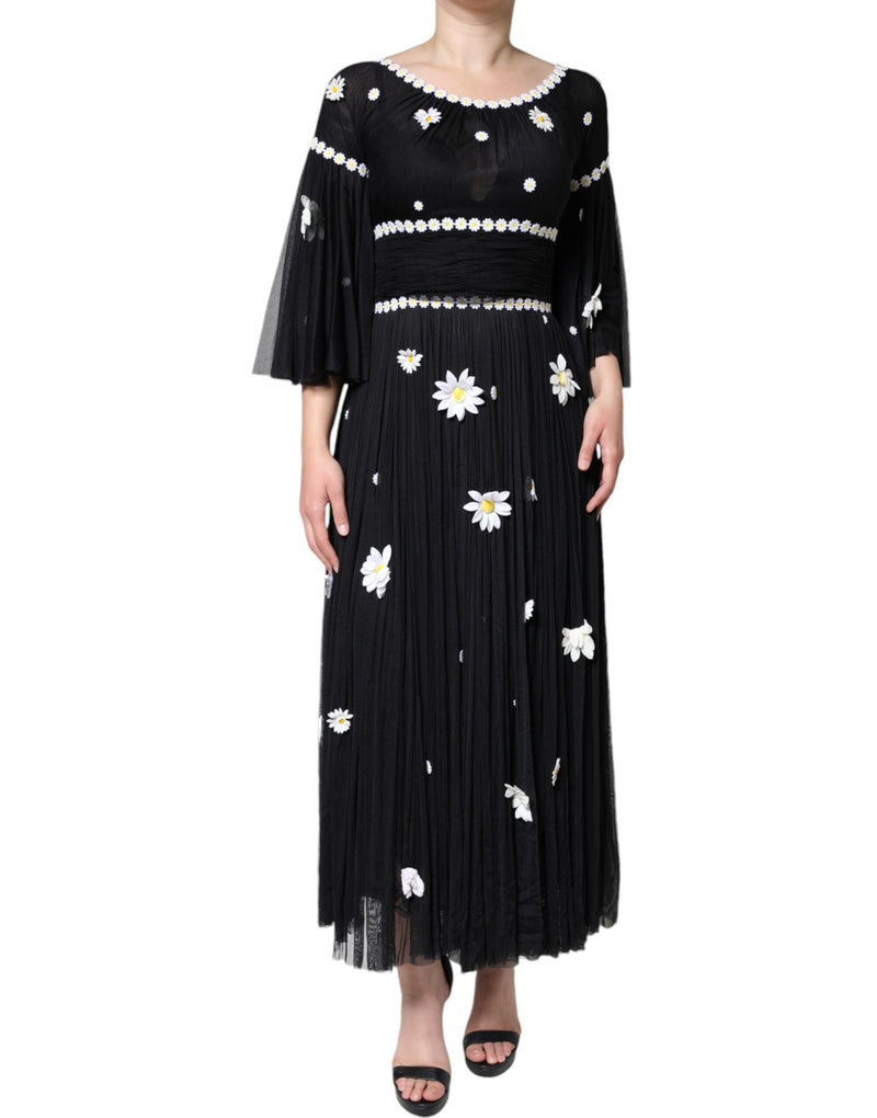 Black Silk Daisy A-line Long Maxi Dress-Dolce & Gabbana-LabelTerrace.com