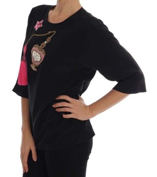 Black Silk Fairy Tale Top Crystal Blouse-Dolce & Gabbana-LabelTerrace.com