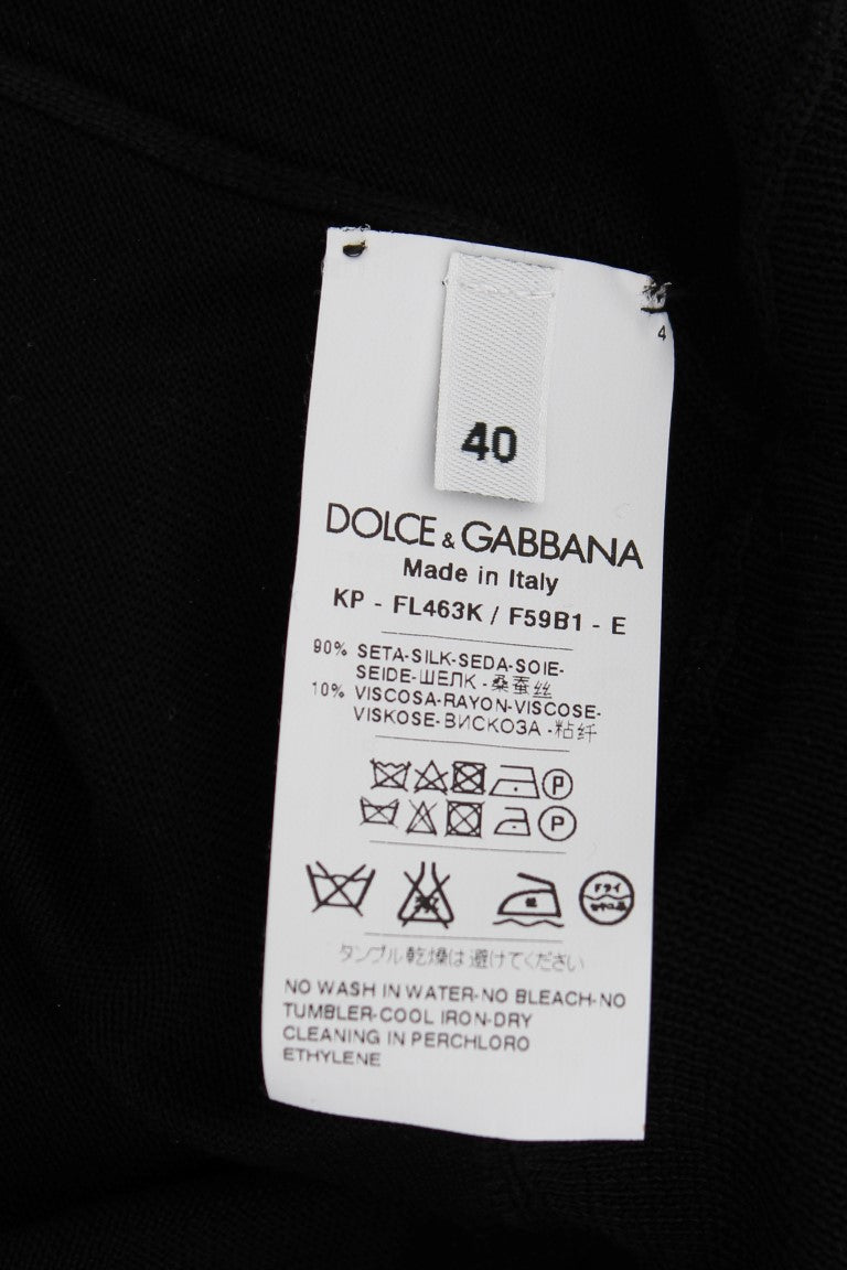 Black Silk Floral Embroidered Polo Top-Dolce & Gabbana-LabelTerrace.com