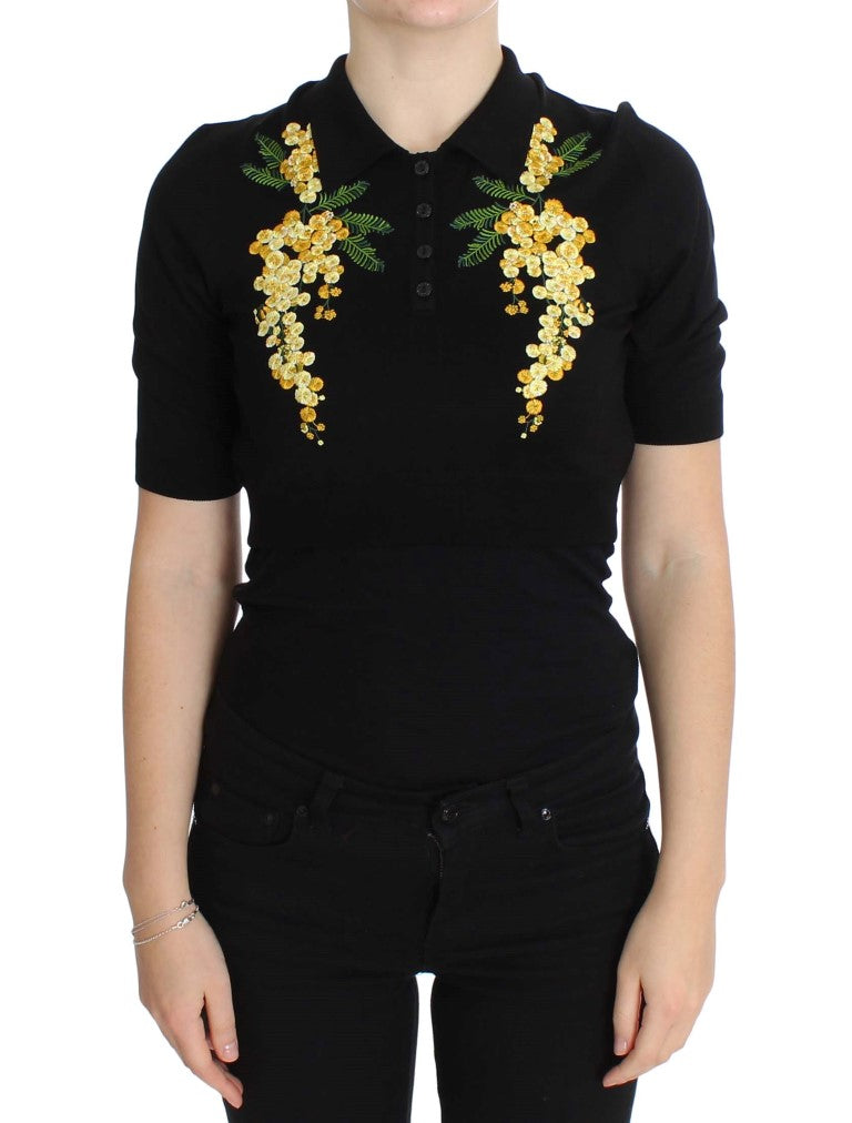Black Silk Floral Embroidered Polo Top-Dolce & Gabbana-LabelTerrace.com