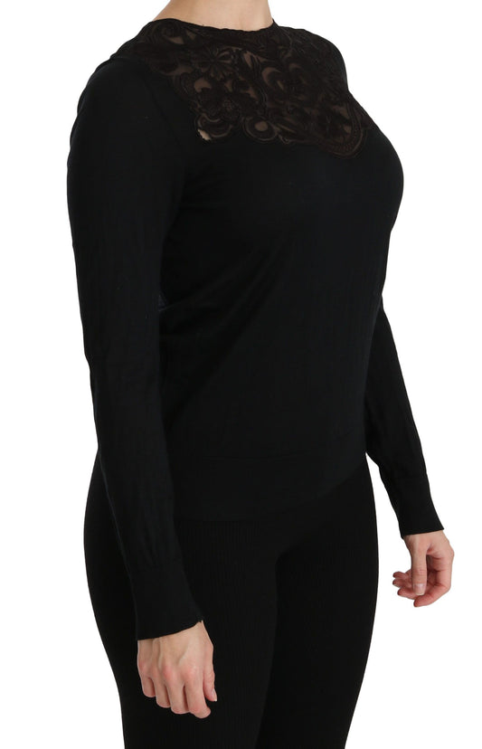 Black Silk Lace Crew Neck Long Sleeve Blouse-Dolce & Gabbana-LabelTerrace.com