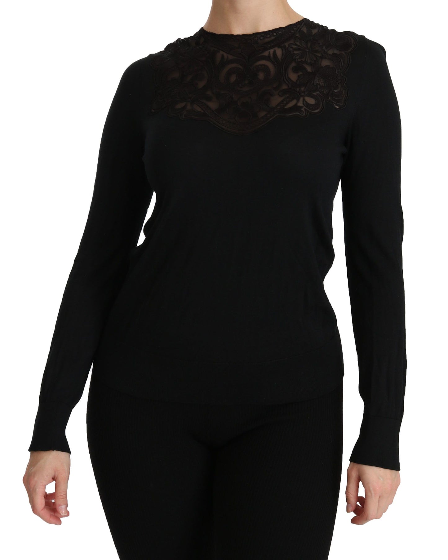 Black Silk Lace Crew Neck Long Sleeve Blouse-Dolce & Gabbana-LabelTerrace.com