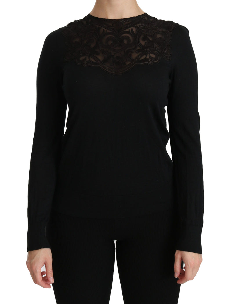 Black Silk Lace Crew Neck Long Sleeve Blouse-Dolce & Gabbana-LabelTerrace.com