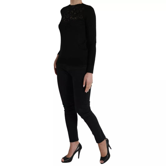 Black Silk Lace Trim Long Sleeves Blouse Top-Dolce & Gabbana-LabelTerrace.com