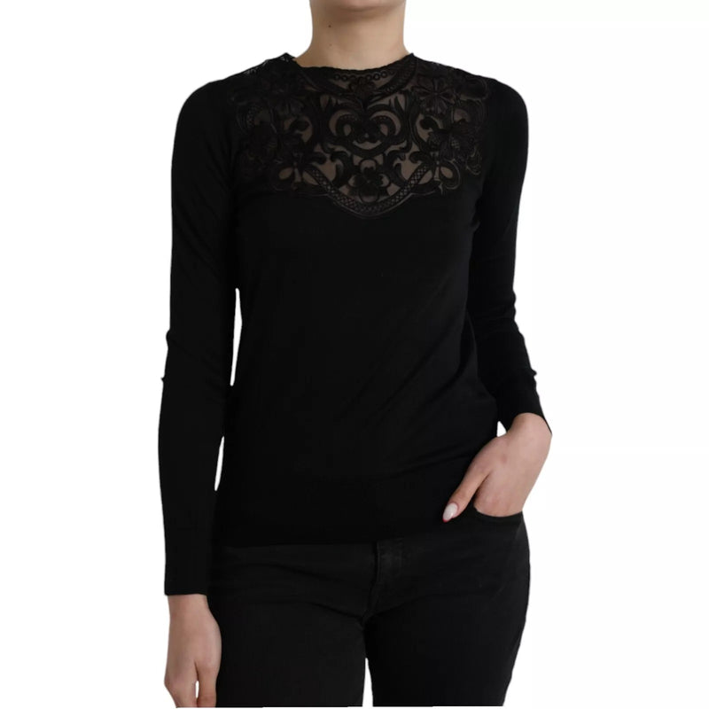 Black Silk Lace Trim Long Sleeves Blouse Top-Dolce & Gabbana-LabelTerrace.com
