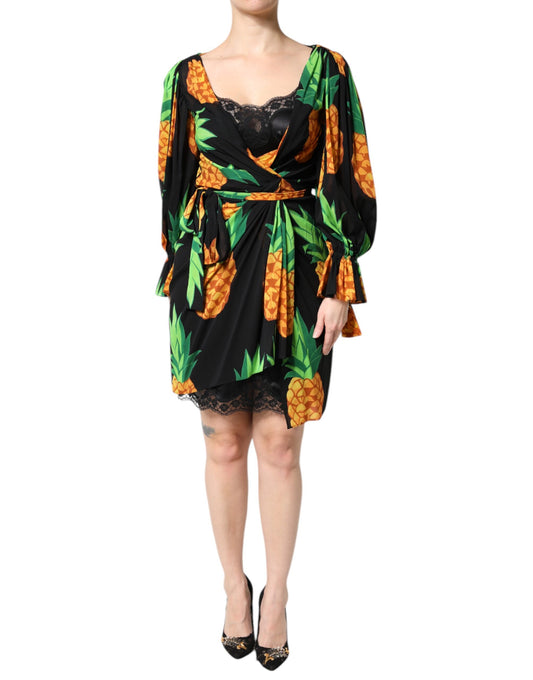 Black Silk Pineapple Draped Print Wrap Dress-Dolce & Gabbana-LabelTerrace.com