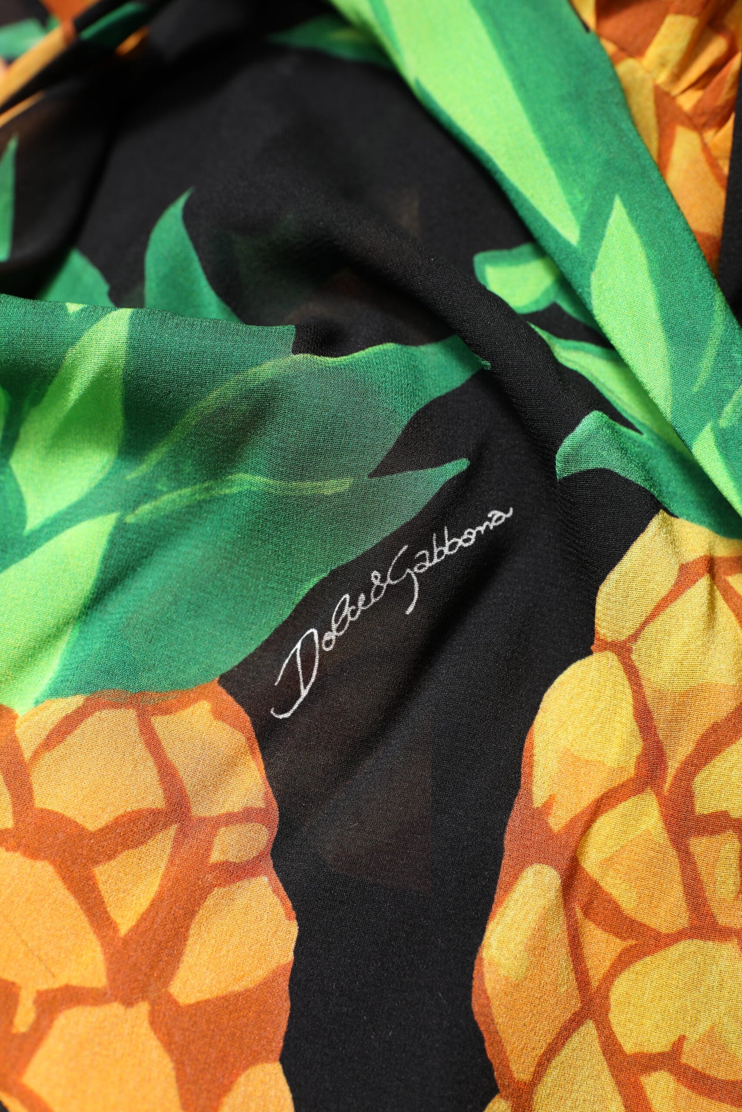 Black Silk Pineapple Draped Print Wrap Dress-Dolce & Gabbana-LabelTerrace.com