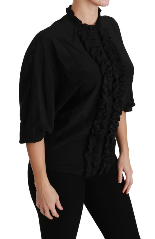 Black Silk Shirt Ruffled Top Blouse-Dolce & Gabbana-LabelTerrace.com