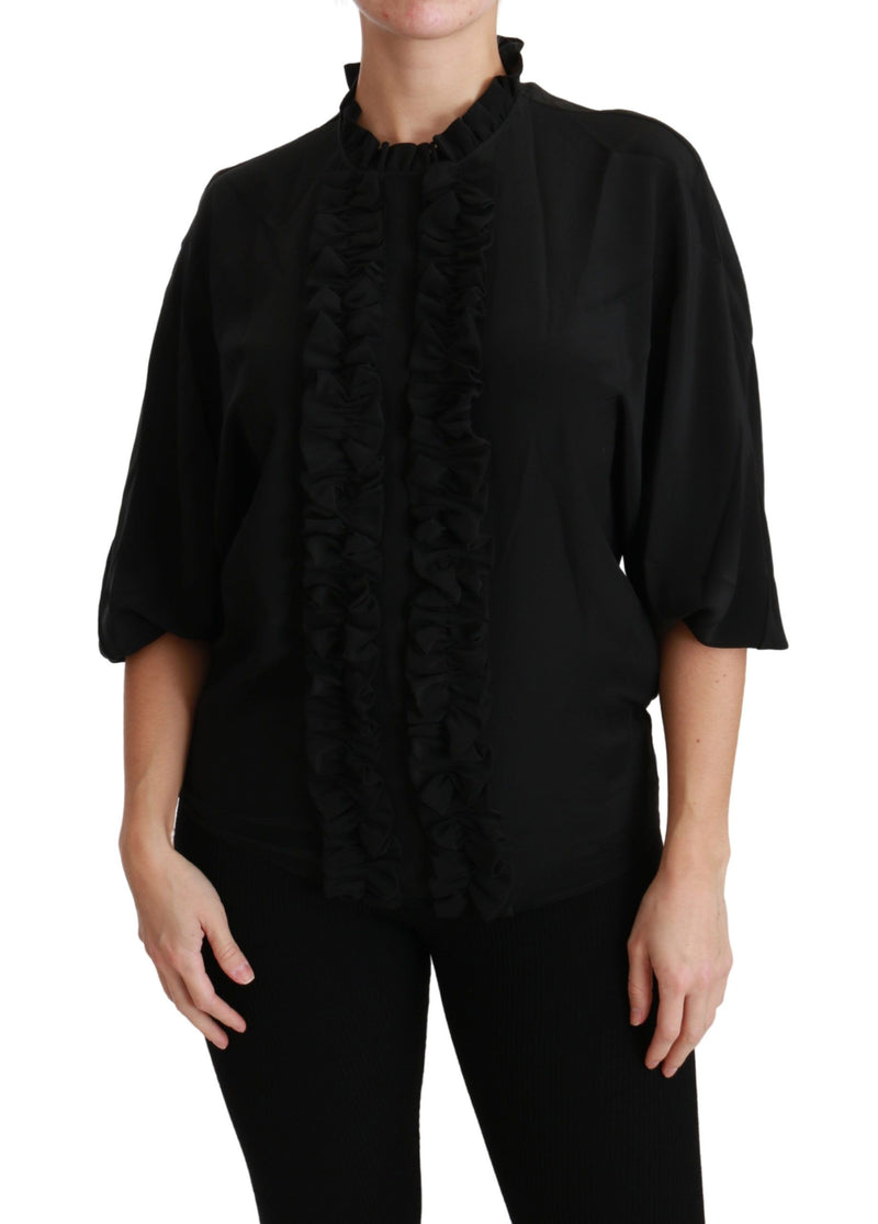 Black Silk Shirt Ruffled Top Blouse-Dolce & Gabbana-LabelTerrace.com