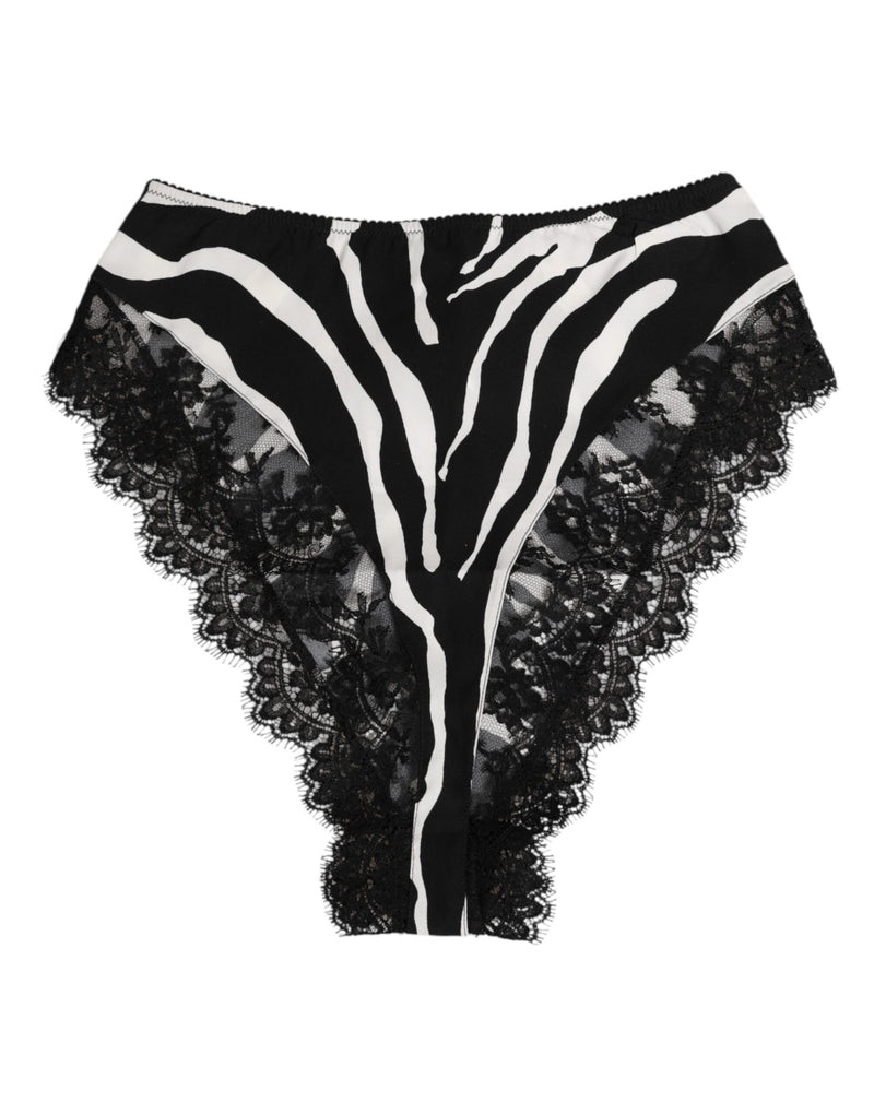 Black Silk Zebra Print Lace High Waist Underwear