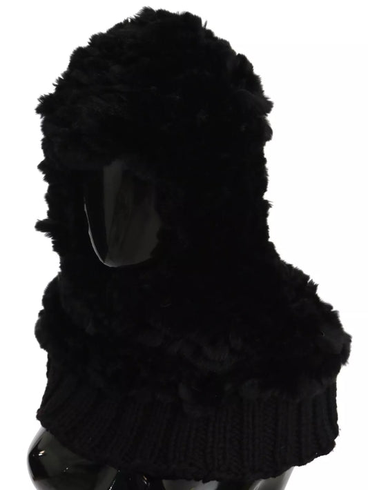 Black Silver Fox Fur Cashmere Hooded Scarf-Dolce & Gabbana-LabelTerrace.com